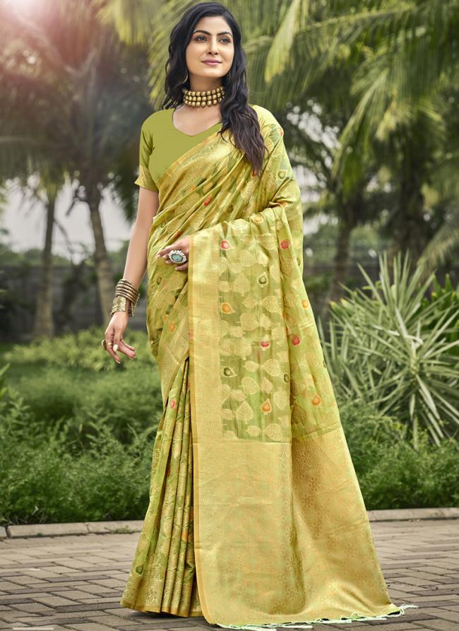 Organza Parrot Green Traditional Wear Printed Saree